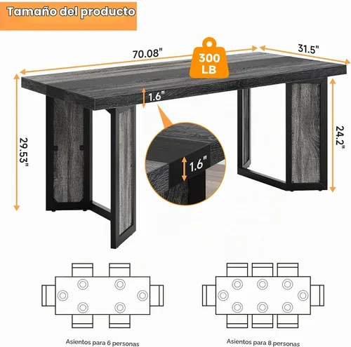 Vista 2 de knoworld Mesa de comedor industrial para 6-8 personas, mesa de cocina grande de madera larga de 71 pulgadas con marco de metal resistente y acabado