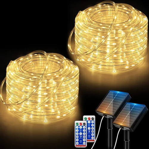 Vista 11 de Ollny Cuerda de luces solares para exteriores, 33 pies, 100 luces LED de color blanco cálido con control remoto, 8 modos de luz impermeable