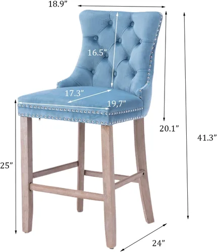 Vista 79 de SoarFlash Juego de 2 taburetes de bar tapizados de terciopelo moderno con patas de madera, botones acolchados, cabeza de clavo cromada, asiento