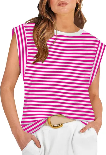 Vista 29 de WIHOLL Camisetas de mangas casquillo para mujer, camisetas básicas de verano, camisetas informales sin mangas, ajuste holgado, a la moda D - Raya