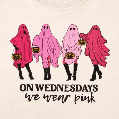 Vista 5 de Ritatte Sudadera de Halloween para mujer los miércoles We Wear Pink Ghost Sweatshirt Spooky Season Casual Fall Pullover Tops