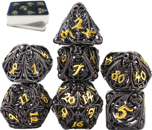 Vista 7 de Juego de dados de metal DND Dungeons and Dragon, juego de dados huecos poliédricos de dragón mágico de 7 piezas con caja de metal de regalo