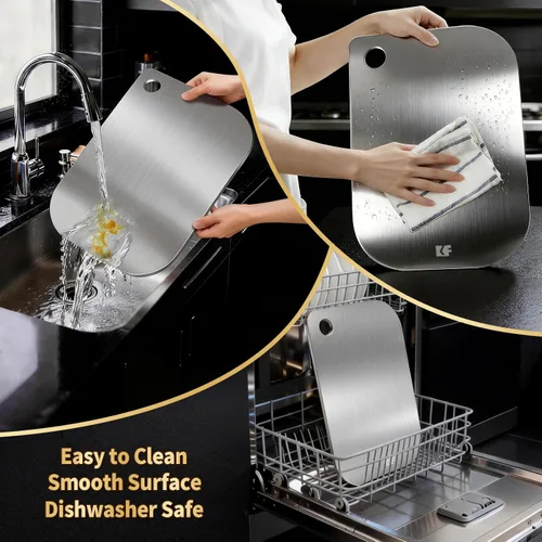 Vista 4 de KickFry Tabla de cortar de acero inoxidable para cocina, tabla de cortar de acero inoxidable de 13 x 9 pulgadas, tabla de cortar de doble cara