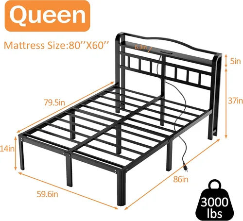 Vista 8 de Base de cama Queen con estación de carga y cabecero de 14 pulgadas, base de cama de metal grueso, base de colchón resistente, no necesita somier