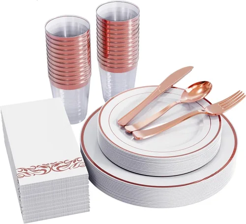 Vista 8 de FOCUSLINE Juego de vajilla dorada de 175 piezas para 25 invitados - Platos desechables de plástico blanco con borde dorado resistente, incluye 25