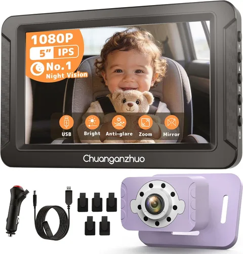 Vista 10 de S100C - Cámara de coche para bebé alimentada por USB, visión nocturna cristalina para asiento trasero para bebé, ajuste de brillo y monitor IPS