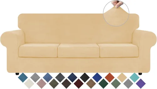 Vista 9 de WEERRW 4 Piezas Fundas de Terciopelo de Alta Elasticidad para Sofá de 3 Cojines Fundas de Sofá, Protector de Muebles Lavable con Parte Inferior