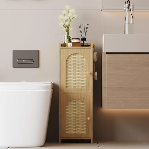 Vista 9 de Arbuxzuy Gabinete de almacenamiento de baño de ratán con 2 puertas y Ratán negro