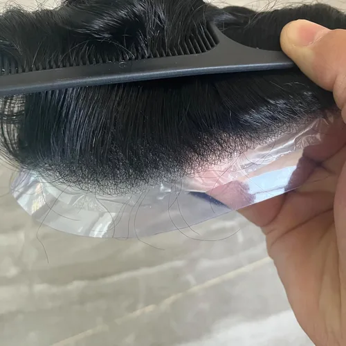 Vista 2 de Piel súper ultra fina 0.001 in 90% densidad indetectable línea capilar natural hombres tupé marrón negro 100% cabello humano