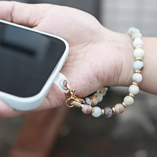 Vista 3 de VICHUNHO Correa de muñeca con cuentas de mármol para teléfono, cordón para celular con pestaña de sujeción, pulsera de muñeca manos libres