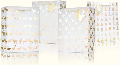 Vista 7 de UNIQOOO 12 bolsas de regalo de Navidad doradas metálicas a granel con etiqueta, grandes de 12.5 x 10.5 pulgadas, copos de nieve surtidos, renos
