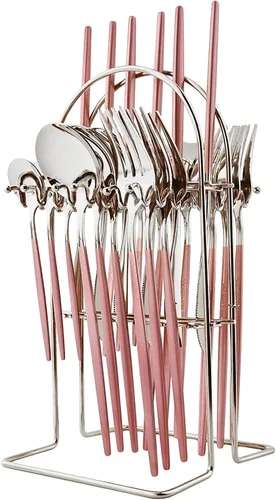 Vista 9 de Juego de cubiertos básicos de 24 piezas con un soporte para cubiertos, acero inoxidable 18/0 acabado espejo, cuchillo, tenedor, cucharilla, juego