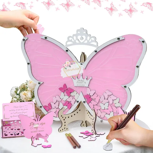 Vista 13 de Alternativa personalizada de libro de invitados con mariposas, libro de invitados para quinceañera, libro de invitados con mariposas para cumpleaños