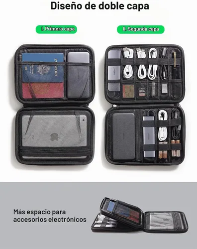 Vista 3 de UGREEN Organizador Electrónico de Viaje, Bolsa Organizadora de Cables de Viaje para Cables de Datos, Cargador USB C, Tarjeta SD, Disco Duro, Cable