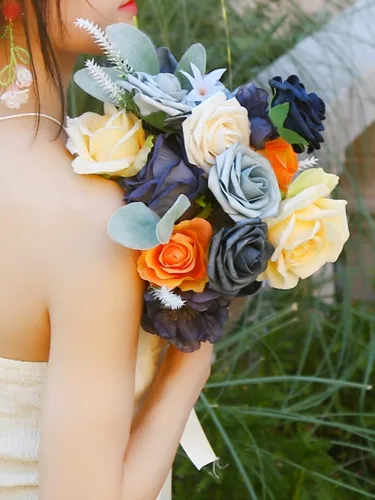 Vista 5 de Caja de flores artificiales azul marino, rosas de dalias de seda con tallos para manualidades, ramos de boda, centros de mesa, arreglos, decoración