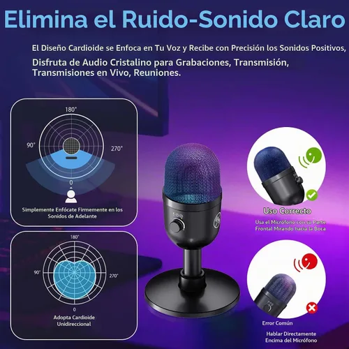 Vista 6 de Micrófono USB para PC – Micrófono para juegos de computadora con iluminación RGB para PS 4 y 5, mezcla de audio dual, silencio, salida