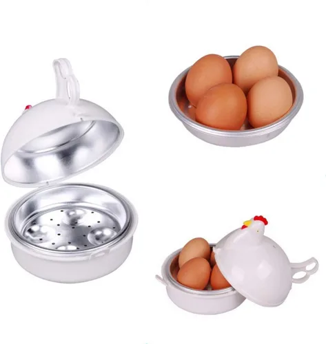 Vista 7 de Caldera de huevos para microondas, 4 capacidades escalfadoras de huevos, olla de huevo con forma de pollo, vaporera para desayuno en microondas