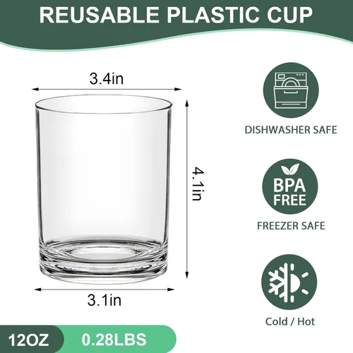 Vista 4 de Juego de 12 vasos de whisky de plástico de 12 onzas, vasos irrompibles a la antigua, vasos de cóctel de plástico transparente, vasos de plástico