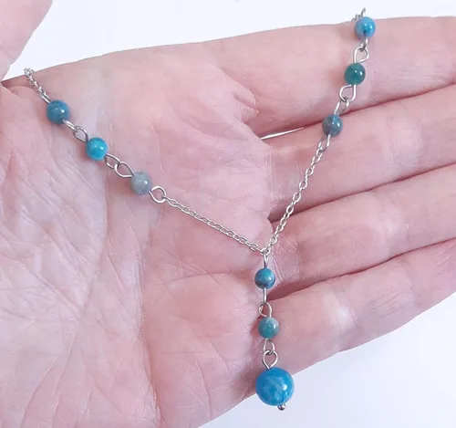 Vista 2 de Natural Crystal Bead Blue Apatite Stone Y Shaped Lariat Necklace Non-Tarnish Steel Chain