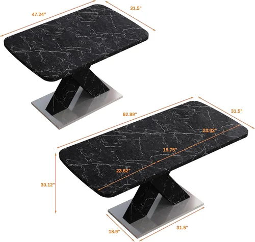 Vista 2 de Mesa de comedor cuadrada moderna, de 47.24 a 62.99 pulgadas de largo, elástica, con estampado de mármol negro + patas de mesa en forma de X de MDF