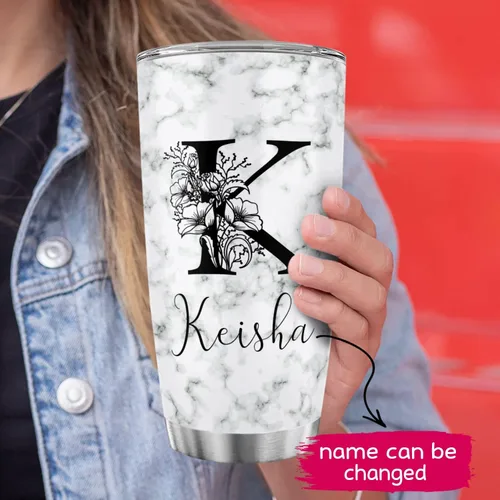 Vista 5 de Vaso de café de acero inoxidable personalizado con inicial y nombre, taza de café con monograma floral para niña, vaso de viaje de acero inoxidable
