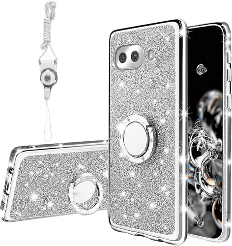 Vista 65 de Funda compatible con Google Pixel 6 Pro para mujer, con purpurina, suave, elegante, transparente, TPU de lujo, bonita funda protectora con correa