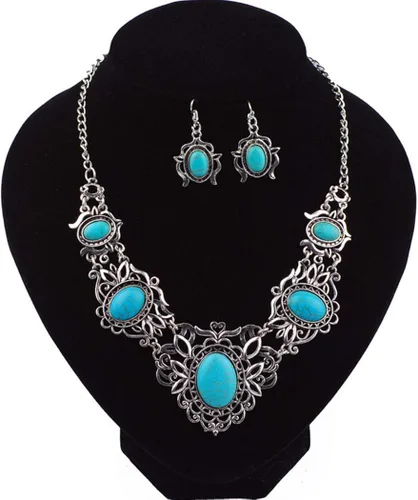 Vista 7 de Simsly Collar de turquesa barroco, collares de plata, cadena y aretes para mujeres y niñas, Cristal, Aleación.