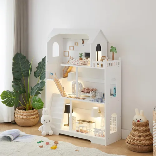Vista 8 de Estantería de Casa de Muñecas de Madera - Estantería de Casa de Muñecas para Niños Pequeños, Espacio Extra para Almacenamiento de Juguetes y Libros