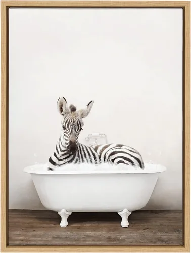 Vista 2 de Kate and Laurel Sylvie Baby Zebra en lienzo rústico enmarcado para baño, arte de pared por Amy Peterson Art Studio, 18 x 24 pulgadas, natural
