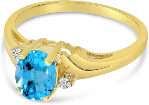 Vista 3 de Anillo de oro amarillo de 14 quilates con topacio azul ovalado y diamantes