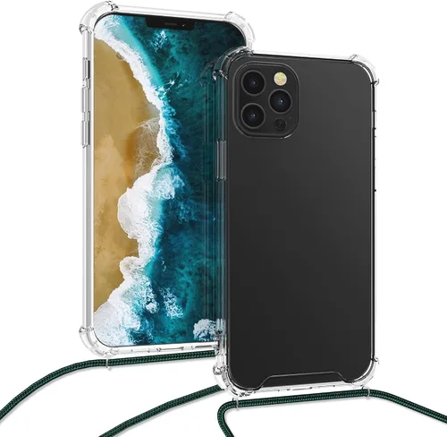 Vista 4 de kwmobile Funda cruzada compatible con Apple iPhone 12 Pro Max, funda transparente de TPU con correa de cable, color verde oscuro/transparente