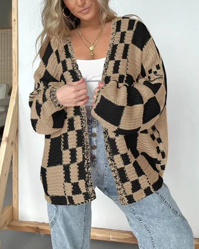 Vista 2 de BTFBM Suéter tipo cárdigan casual para mujer, suéteres de manga larga para Caqui negro (Khaki Black)