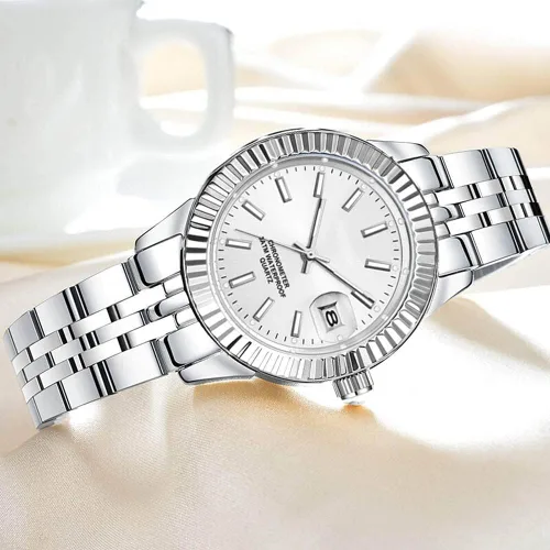 Vista 4 de Reloj analógico de cuarzo para mujer, clásico, plateado, de acero inoxidable, resistente al agua, reloj analógico