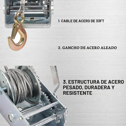 Vista 5 de Cabrestante de mano para remolque, cabrestante de 2500 libras, gancho resistente con cable de acero de 33 pies, trinquete bidireccional, cabrestante