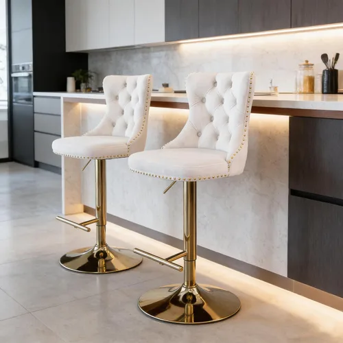 Vista 3 de Taburetes de bar giratorios de terciopelo con base dorada, juego de 4 sillas ajustables para isla de cocina Beige