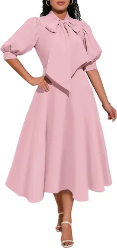 Vista 7 de Bowknot manga abullonada vestido de mujer una línea de cintura alta vestido midi vestido liso Azul/claro