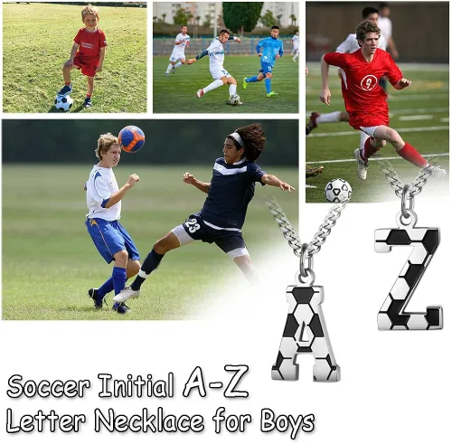 Vista 5 de AIAINAGI Collar de fútbol con letra A-Z para niños, dije de fútbol de acero inoxidable, cadena de plata de 22 pulgadas, regalo de fútbol
