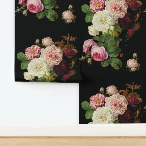 Vista 4 de Spoonflower Papel tapiz autoadhesivo para despegar y pegar, rosas oscuras, diseño floral, vintage, tamaño mediano, grande, extraíble, personalizable
