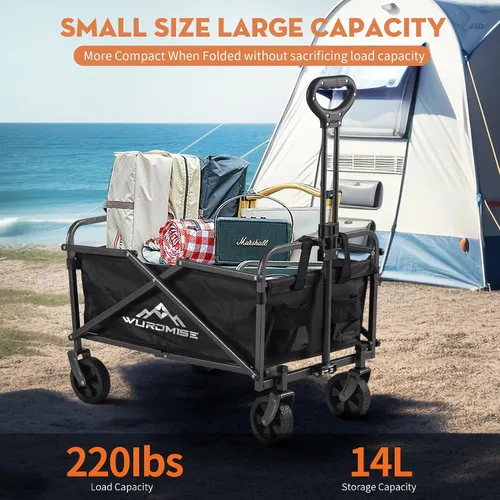 Vista 4 de WUROMISE Beach Wagon - Carro de carro con ruedas plegable, carrito de jardín resistente con ruedas giratorias, gran capacidad y mango ajustable