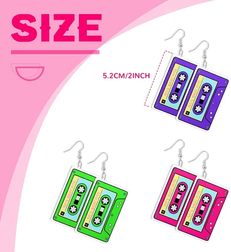 Vista 2 de Hicarer 3 pares de aretes de cinta de casete de los años 80 y 90 de neón para mujer, accesorios de joyería de los años 80 y 90, colgante retro