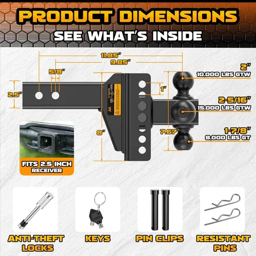 Vista 6 de Adjustable Trailer Hitch -Drop Hitch Fit 2.5" Receiver-6" Drop/Rise