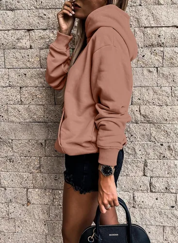 Vista 2 de SHEWIN - Sudadera informal con capucha para mujer, unicolor, ligera y holgada, sin botones, con mangas largas y bolsillo