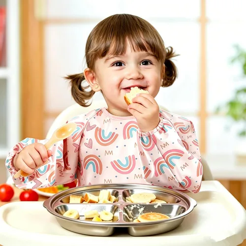 Vista 5 de SPINFOX Paquete de 2 batas de bebé para comer, babero a prueba de desorden, baberos impermeables para bebés de 6 a 24 meses