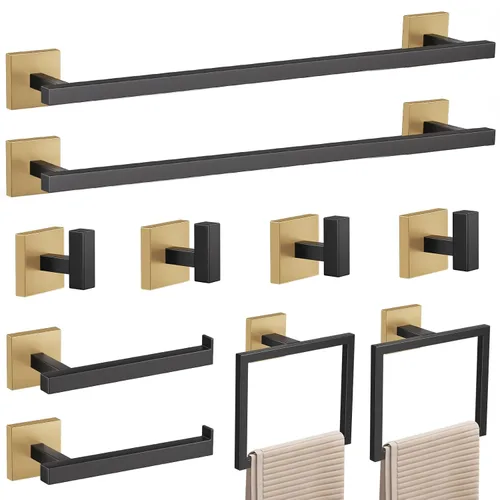 Vista 9 de YACVCL Juego de Barra de Toallas, Juego de 5 Piezas de Accesorios de Baño Negro y Dorado, Juego de Accesorios de Baño Negro y Dorado, Soporte