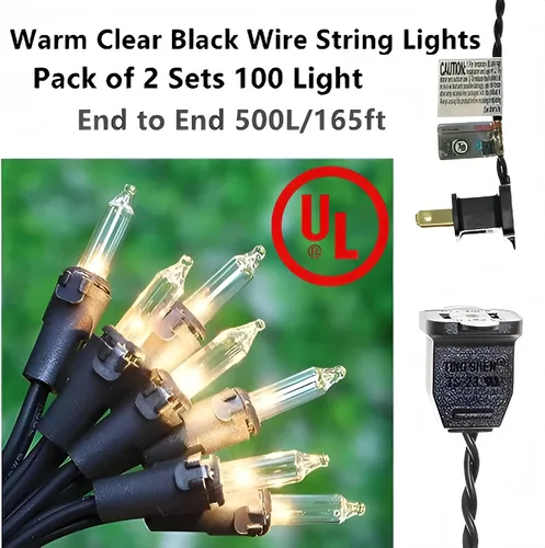 Vista 4 de Serie de 200 luces de color verde jade, de 66 pies de cable negro, certificado UL de grado comercial, 2 juegos de 100 luces