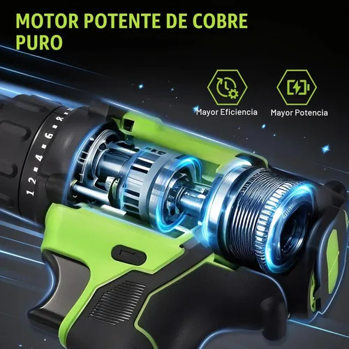 Vista 3 de Juego de Taladro Eléctrico de 21V, Taladro Inalámbrico con Batería y Cargador, Portabrocas sin Llave de 3/8'', Velocidad Variable, Configuración