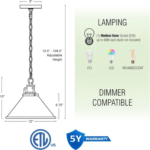Vista 4 de Kira Home Romine - Lámpara colgante moderna dorada de 12 pulgadas con pantalla de metal en forma de cono, luz colgante dorada de mediados de siglo
