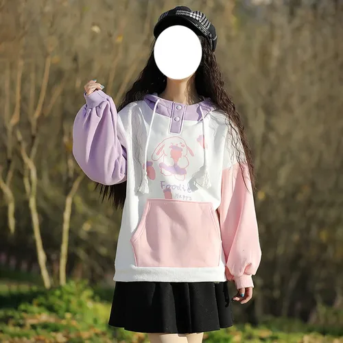 Vista 10 de Linda sudadera con capucha de conejito para adolescentes y niñas, de algodón, con estampado de dibujos animados japoneses