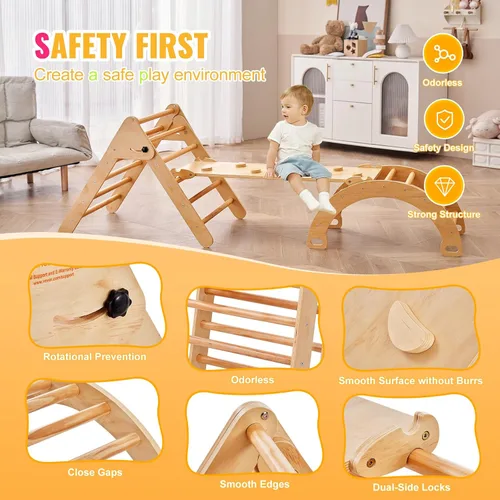 Vista 4 de VEVOR Pikler - Juego de triángulos escalador 5 en 1, juguetes de escalada para niños pequeños plegables en interiores con arco y rampa y escalera