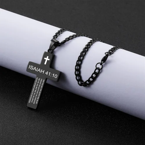 Vista 5 de SKQIR Collar de cruz para hombres con versículo de la Biblia, escritura religiosa cristiana para la primera comunión, colgante de cruz para niños